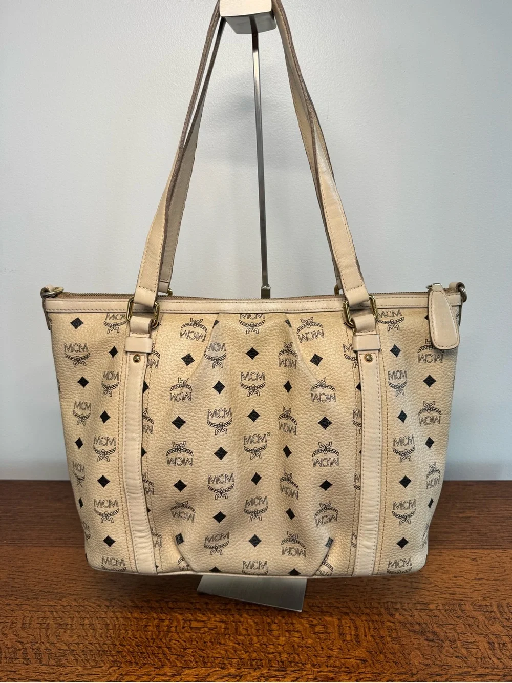 MCM Beige Visetos Monogram Pleated Coated Canvas Tote Bag with COA